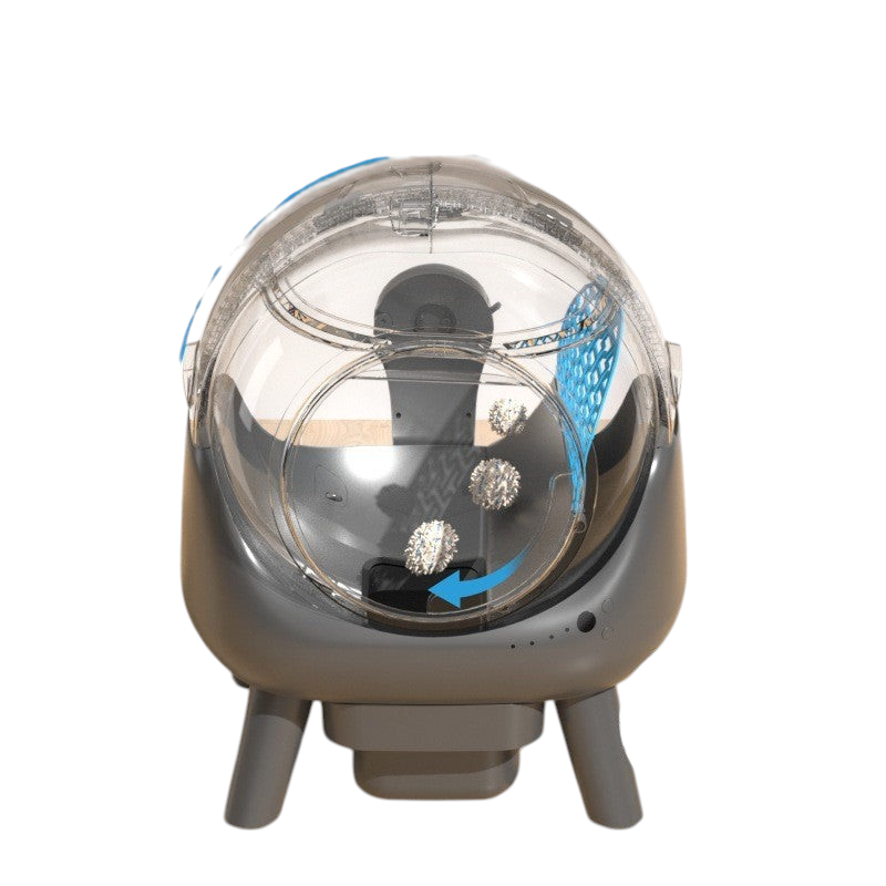The Tailored Tail self-cleaning cat litter box with a gray base and clear spherical dome for odor control.