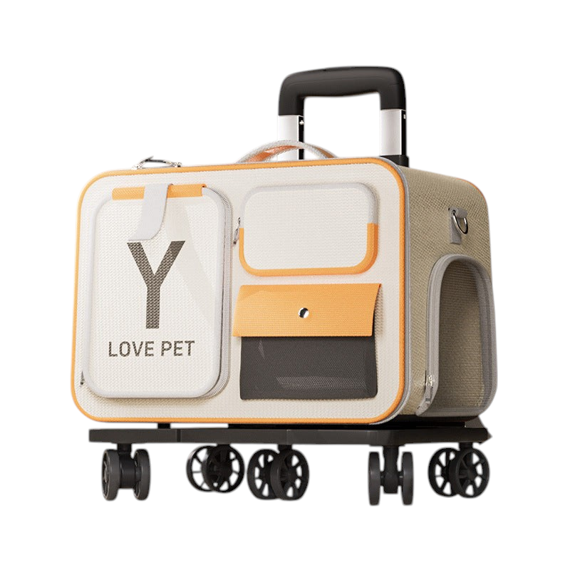 The Tailored Tail beige and yellow Oxford fabric pet travel trolley bag with wheels and mesh ventilation windows.