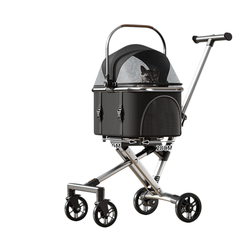 The Tailored Tail black foldable pet stroller with a detachable basket and mesh windows, featuring a cat inside.