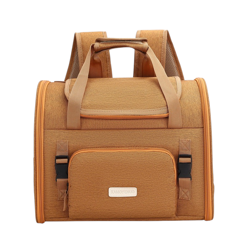 The Tailored Tail brown expandable pet carrier backpack made of durable Oxford fabric with padded straps