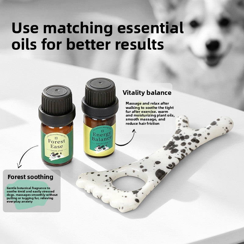 The Tailored Tail ceramic pet massage stick with two essential oil bottles for soothing dog anxiety and relaxation.