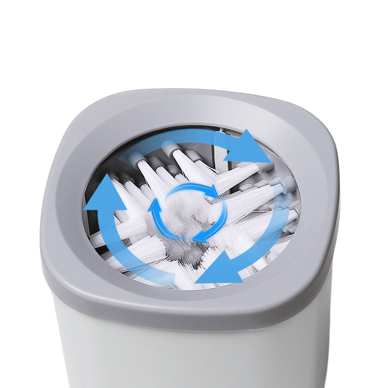 The Tailored Tail electric pet paw cleaner featuring soft white rotating bristles inside a grey ABS plastic cup