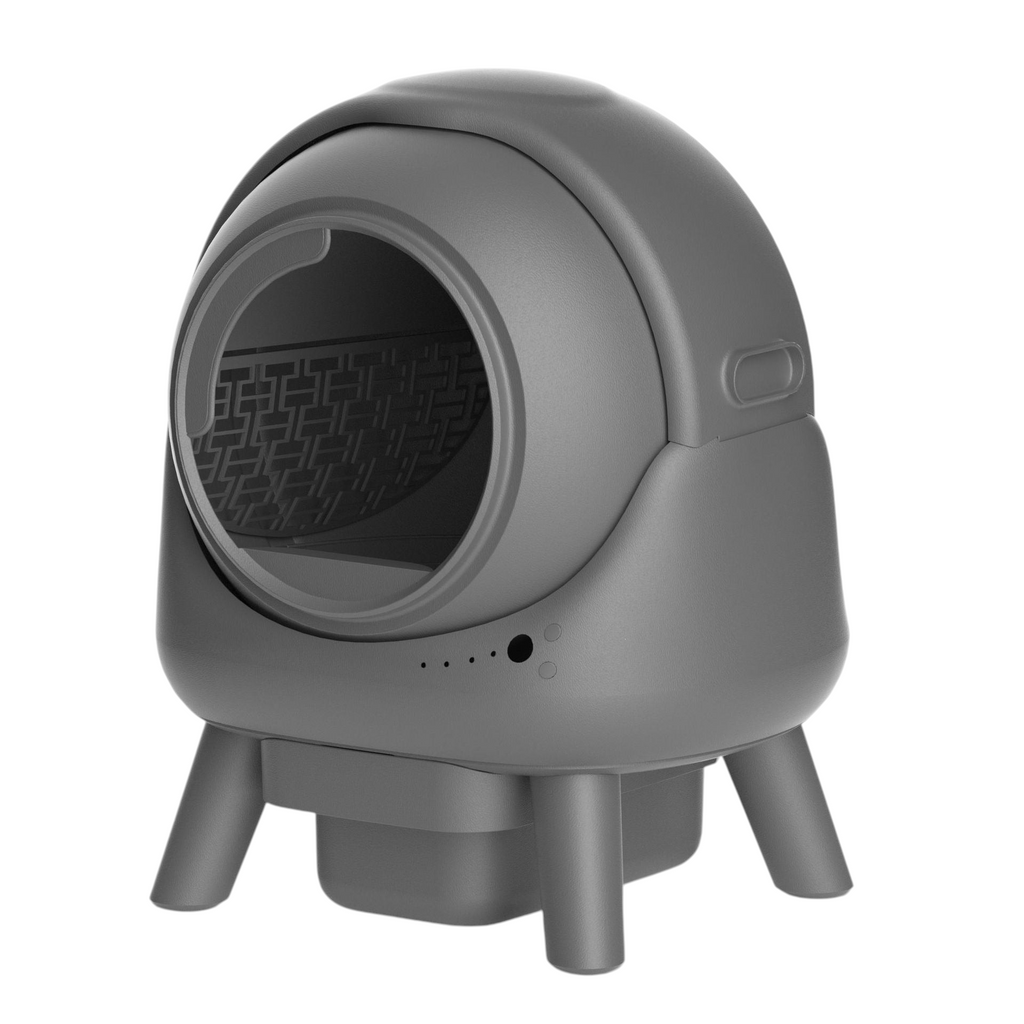 The Tailored Tail gray self-cleaning automatic cat litter box with a modern enclosed design and sturdy legs.
