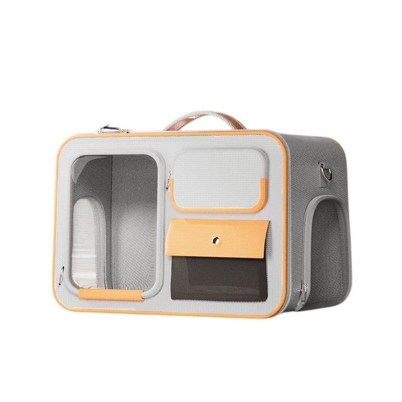 The Tailored Tail gray and yellow Oxford fabric pet travel trolley bag with a transparent window and side pockets.