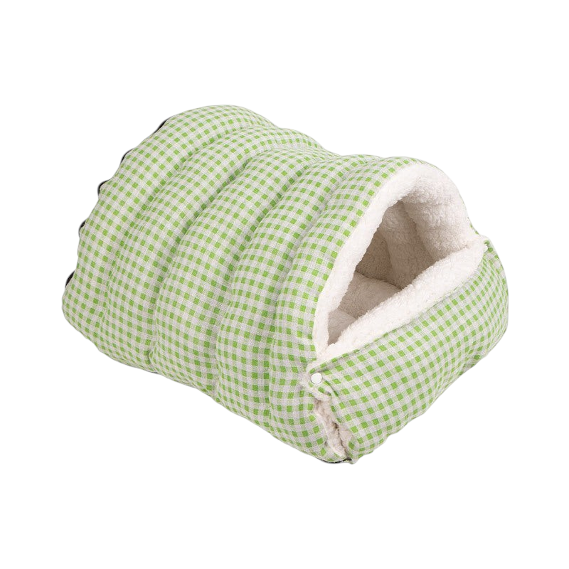 The Tailored Tail green and white gingham cave-style cat bed with plush interior lining and adjustable snap closures.