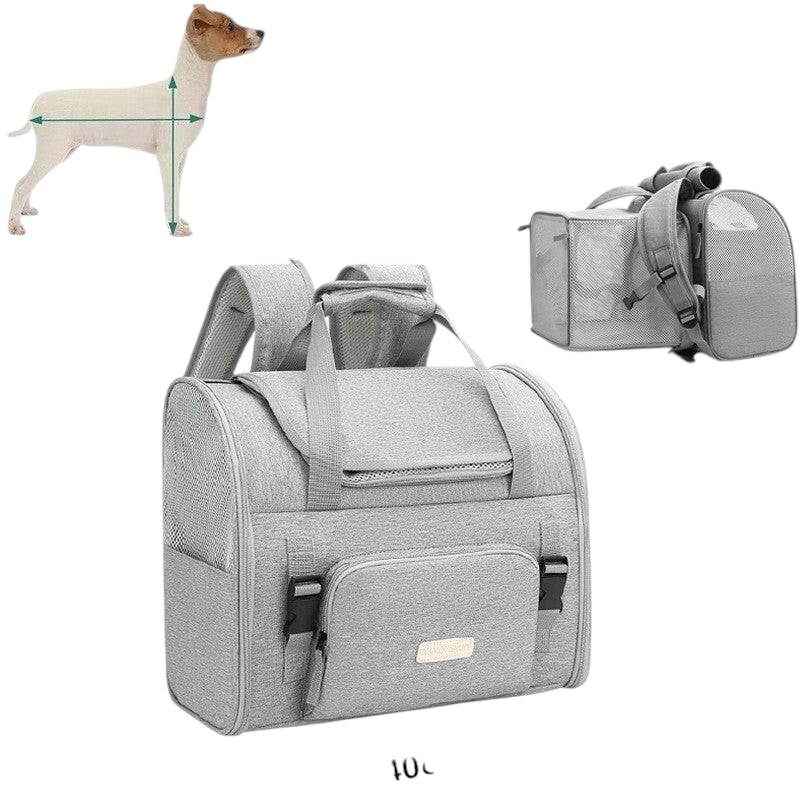The Tailored Tail grey expandable pet carrier backpack with breathable mesh panels for cats and small dogs