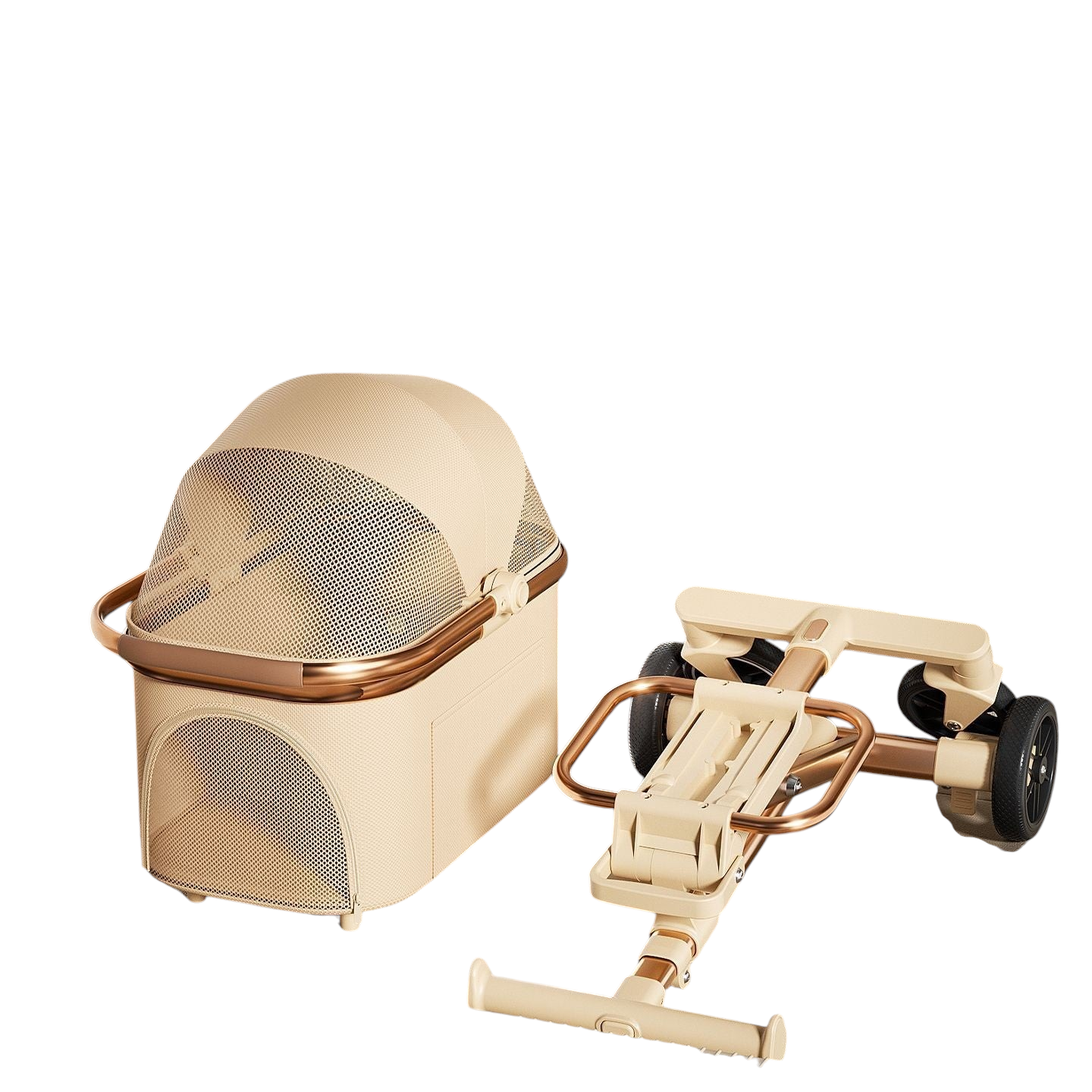 The Tailored Tail khaki foldable pet stroller with a detachable basket and compact frame for easy storage.