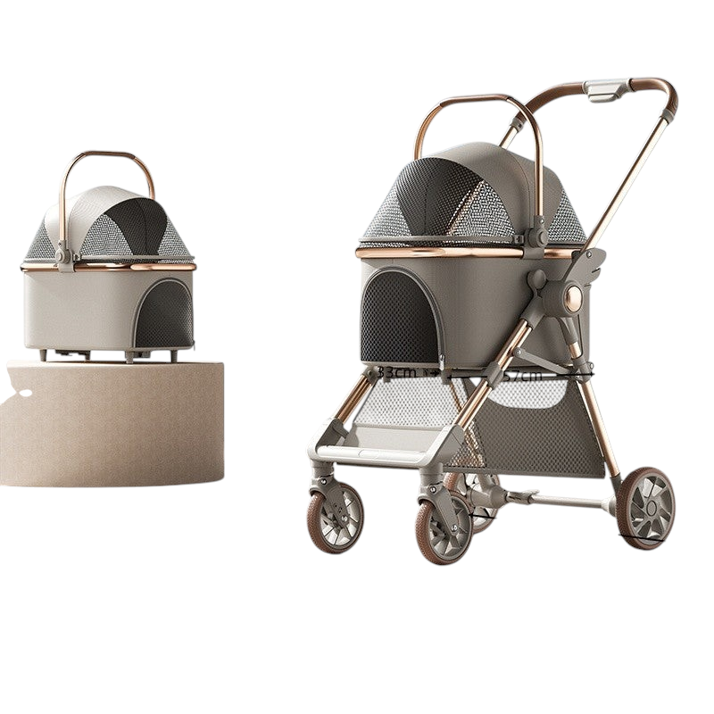The Tailored Tail foldable pet stroller in misty gray with a detachable basket, rose gold frame, and mesh ventilation.