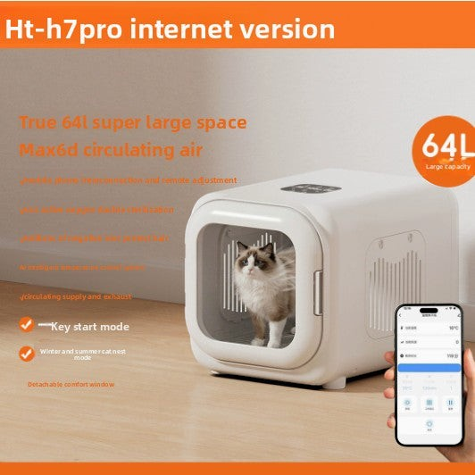 The Tailored Tail smart pet drying box with 64L capacity and app control, featuring a cat inside a white unit.